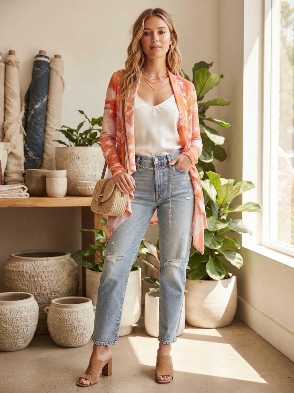 Orange Tie-Dye Draped Open Front Cardigan